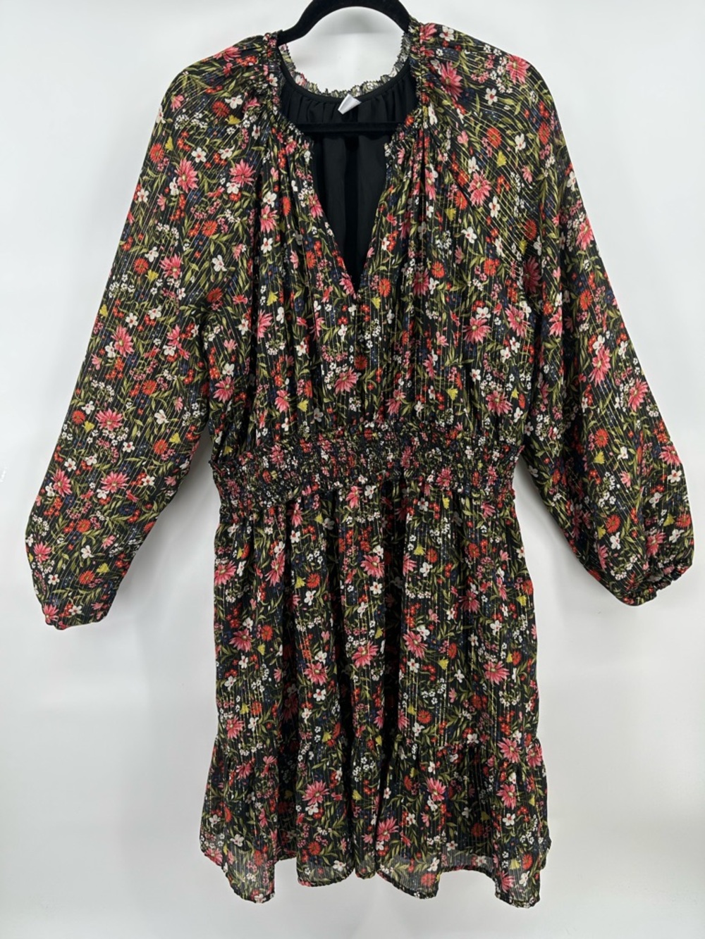 Old Navy Black Floral w/MeshLong-Sleeve Smocked Waist Dress ,Pockets Women's XLT